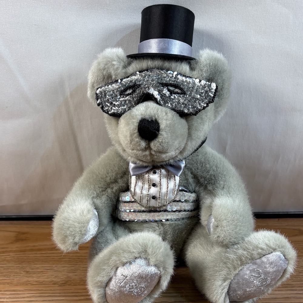 GAC Masquerade Teddy Bear 1999 2000 Millennium Grey Silver Sequin Plush 10"